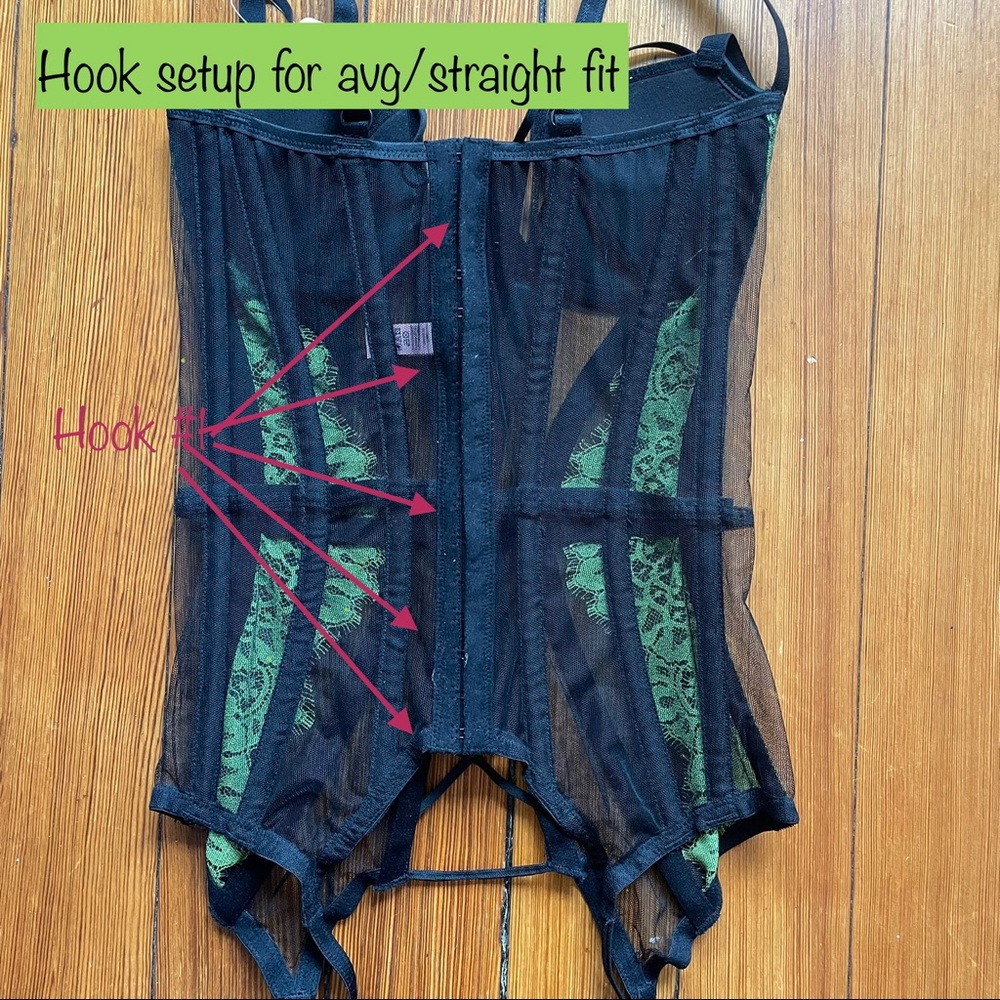 Hook settings to adjust fit on Lingerie Basque
